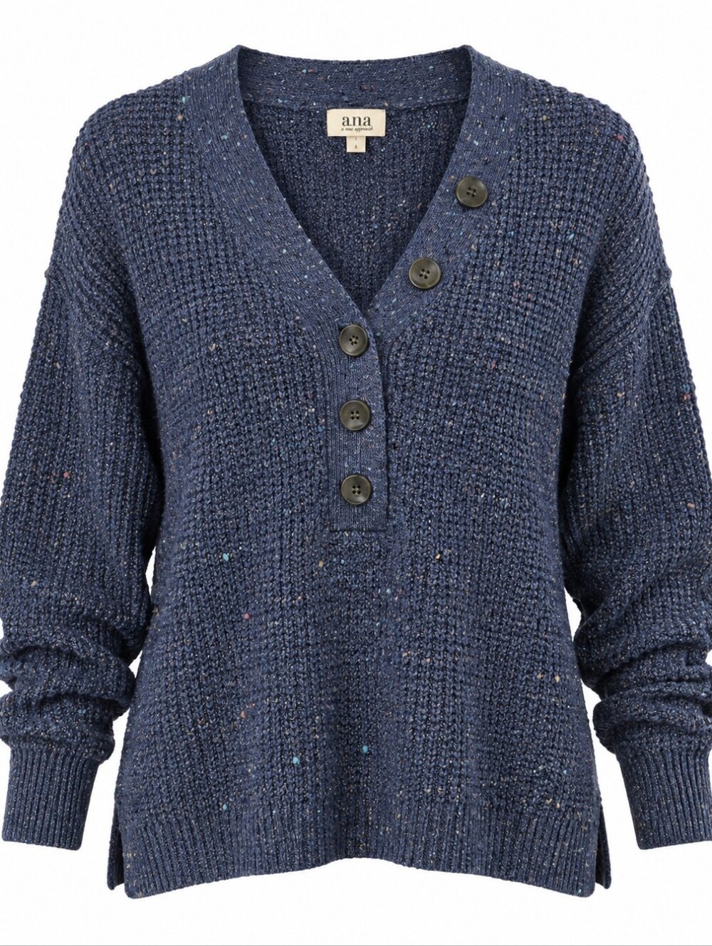 Ana “A New Approach” Navy Confetti Knit Button Sweater Size Small